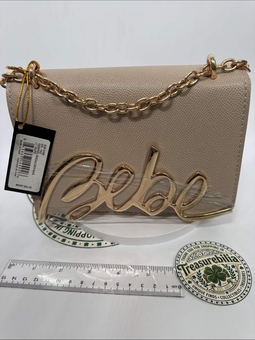 bebe Lt Taupe Crossbody Bag with Gold Script Logo and Chain